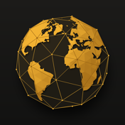 The Travel app icon: a low-poly globe in amber on black.